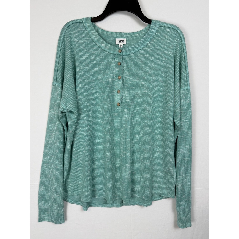 BKE Women Top XL Green Henley‎ Waffle Knit Long Sleeve Button Front Relaxed Fit